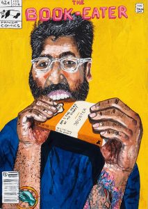 Gouache painting "The Book-Eater" by Raj Panda - Finalist in the 2018 Percival Portrait Painting Prize